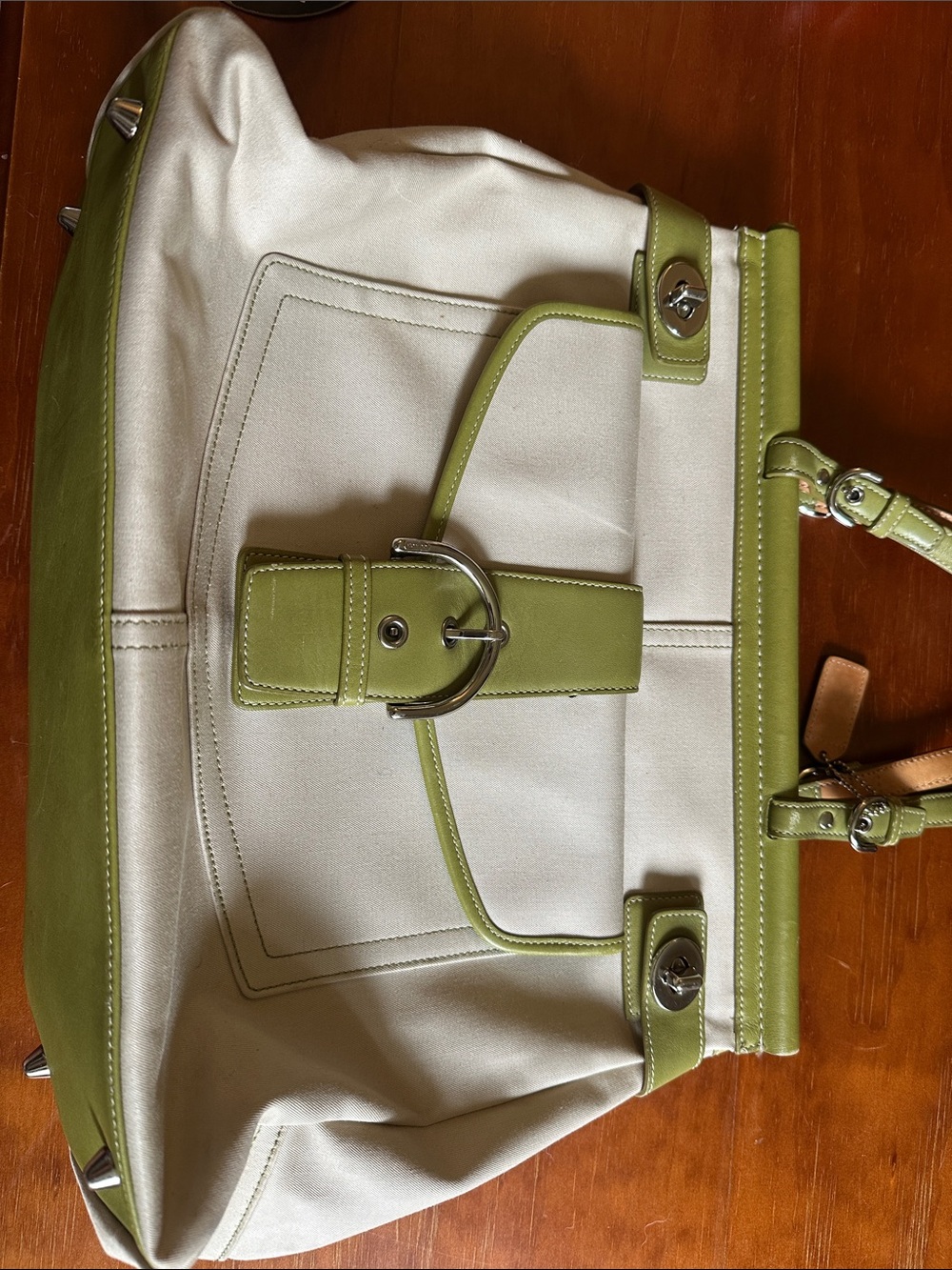 Canvas and Green Leather coach Tote Bag - Olive Accent